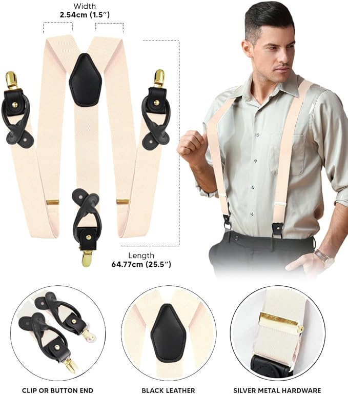 Vittorio Farina Men's Convertible Suspender in Gift Box: 70% Polyester & 30% Elastomer - Ivory - Suspenders - Vittorio Farina
