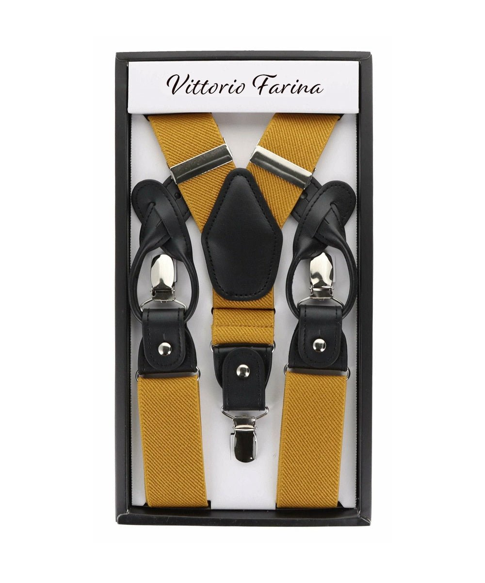 Vittorio Farina Men's Convertible Suspender in Gift Box: 70% Polyester & 30% Elastomer - Mustard Yellow - Suspenders - Vittorio Farina
