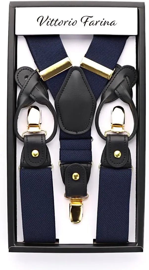 Vittorio Farina Men's Convertible Suspender in Gift Box: 70% Polyester & 30% Elastomer - Navy Blue - Suspenders - Vittorio Farina