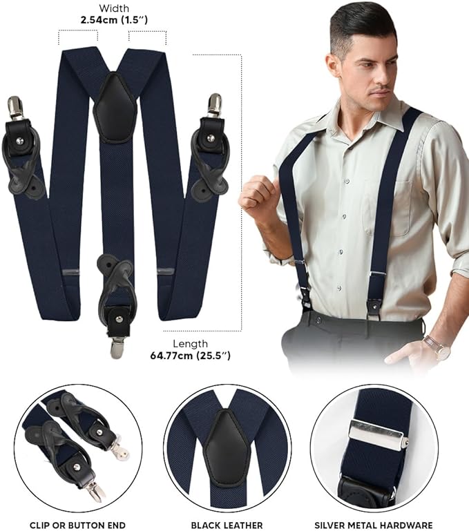 Vittorio Farina Men's Convertible Suspender in Gift Box: 70% Polyester & 30% Elastomer - Navy Blue - Suspenders - Vittorio Farina