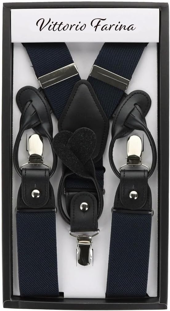 Vittorio Farina Men's Convertible Suspender in Gift Box: 70% Polyester & 30% Elastomer - Navy Blue - Suspenders - Vittorio Farina