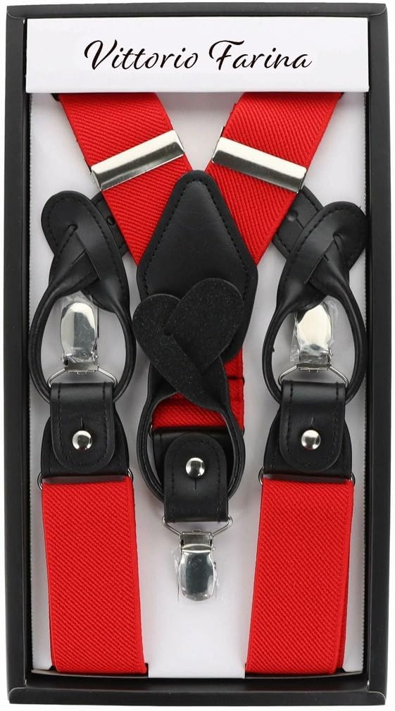 Vittorio Farina Men's Convertible Suspender in Gift Box: 70% Polyester & 30% Elastomer - Red - Suspenders - Vittorio Farina