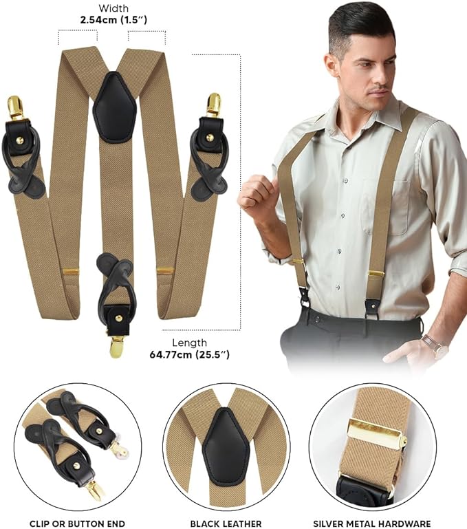 Vittorio Farina Men's Convertible Suspender in Gift Box: 70% Polyester & 30% Elastomer - Taupe - Suspenders - Vittorio Farina