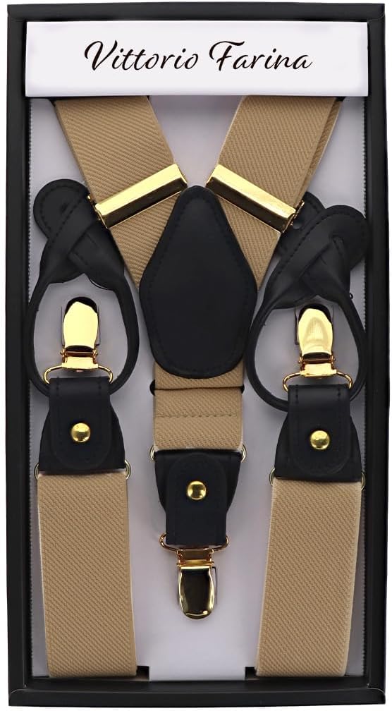 Vittorio Farina Men's Convertible Suspender in Gift Box: 70% Polyester & 30% Elastomer - Taupe - Suspenders - Vittorio Farina