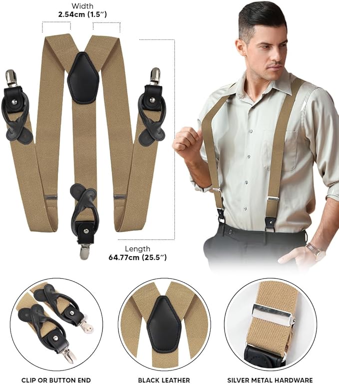 Vittorio Farina Men's Convertible Suspender in Gift Box: 70% Polyester & 30% Elastomer - Taupe - Suspenders - Vittorio Farina