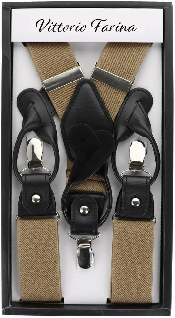 Vittorio Farina Men's Convertible Suspender in Gift Box: 70% Polyester & 30% Elastomer - Taupe - Suspenders - Vittorio Farina