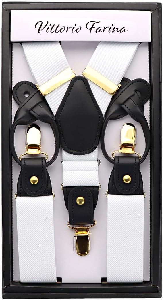 Vittorio Farina Men's Convertible Suspender in Gift Box: 70% Polyester & 30% Elastomer - White - Suspenders - Vittorio Farina