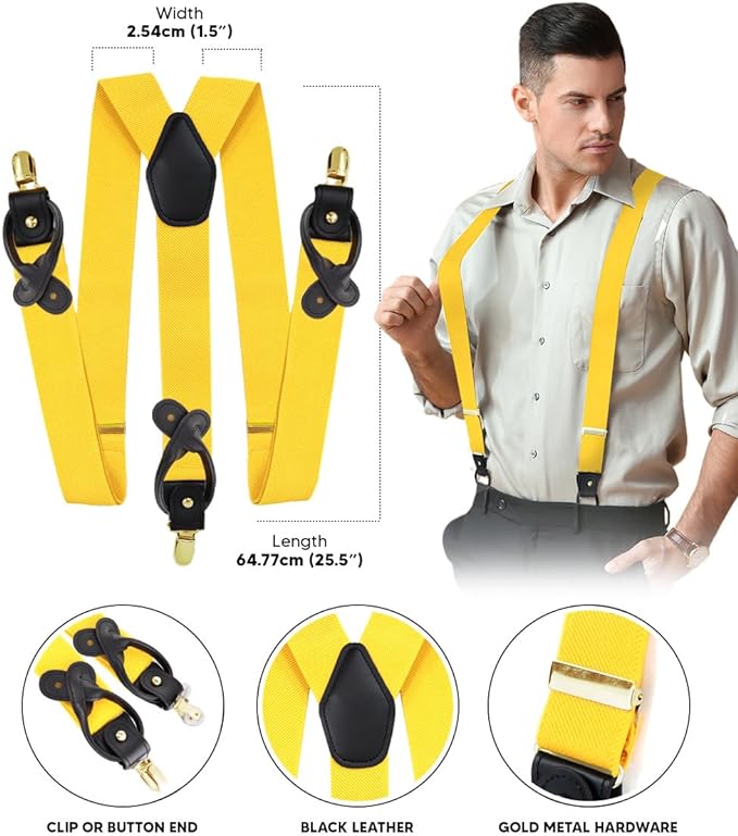 Vittorio Farina Men's Convertible Suspender in Gift Box: 70% Polyester & 30% Elastomer - Yellow - Suspenders - Vittorio Farina