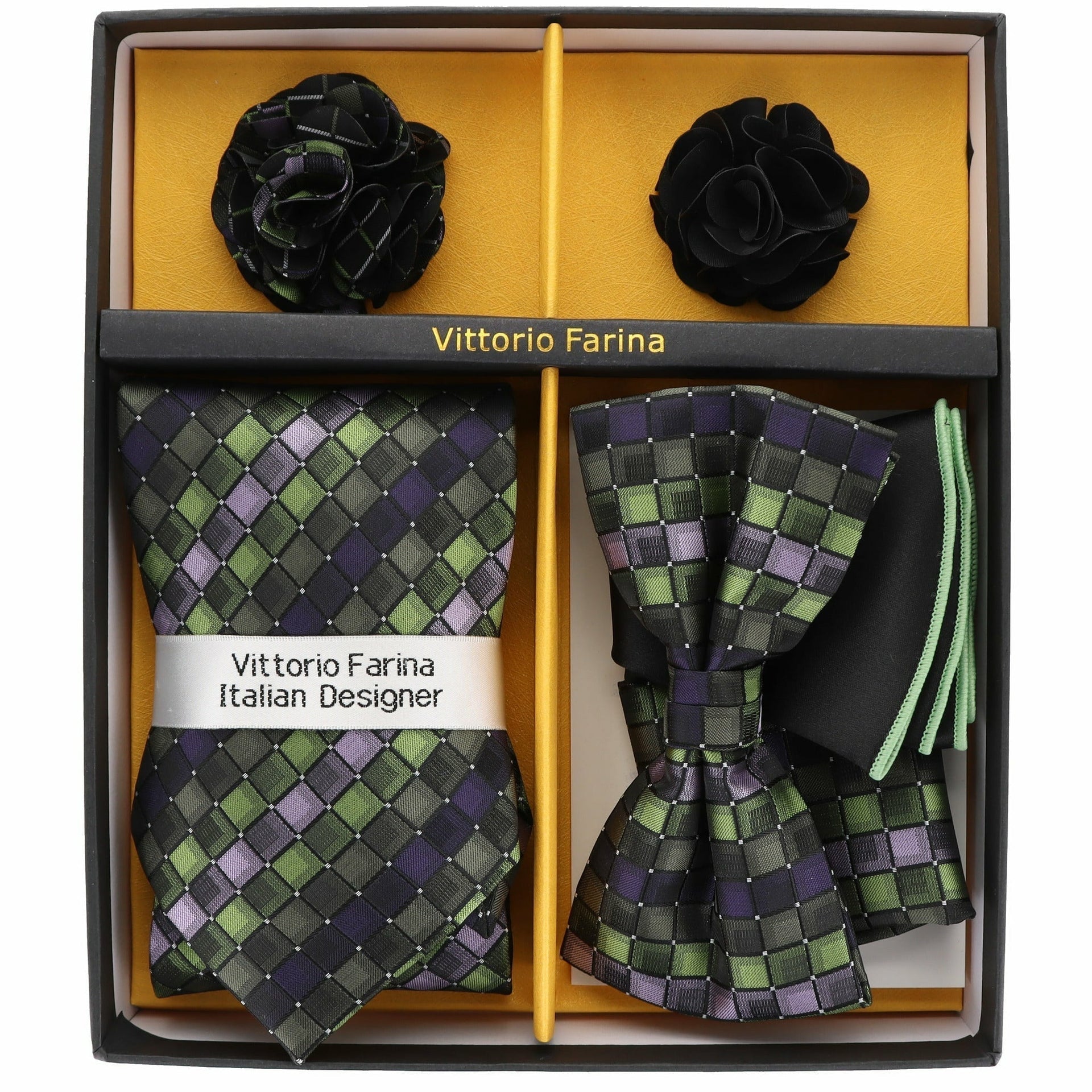 Vittorio Farina Men's Design Necktie, Bow Tie, Pocket Squares and Flower Lapel Pin in a Gift Box - GB-116 - Necktie, Bow Tie, Pocket Squares and Flower Lapel Pin - Vittorio Farina