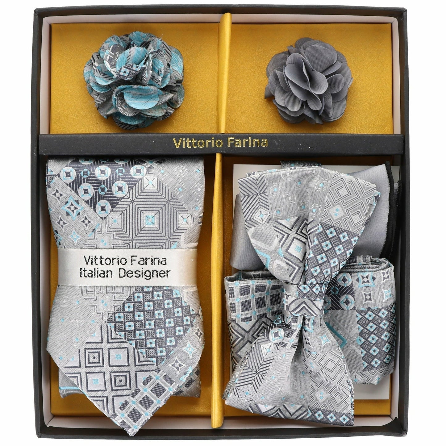 Vittorio Farina Men's Design Necktie, Bow Tie, Pocket Squares and Flower Lapel Pin in a Gift Box - GB-116 - Necktie, Bow Tie, Pocket Squares and Flower Lapel Pin - Vittorio Farina