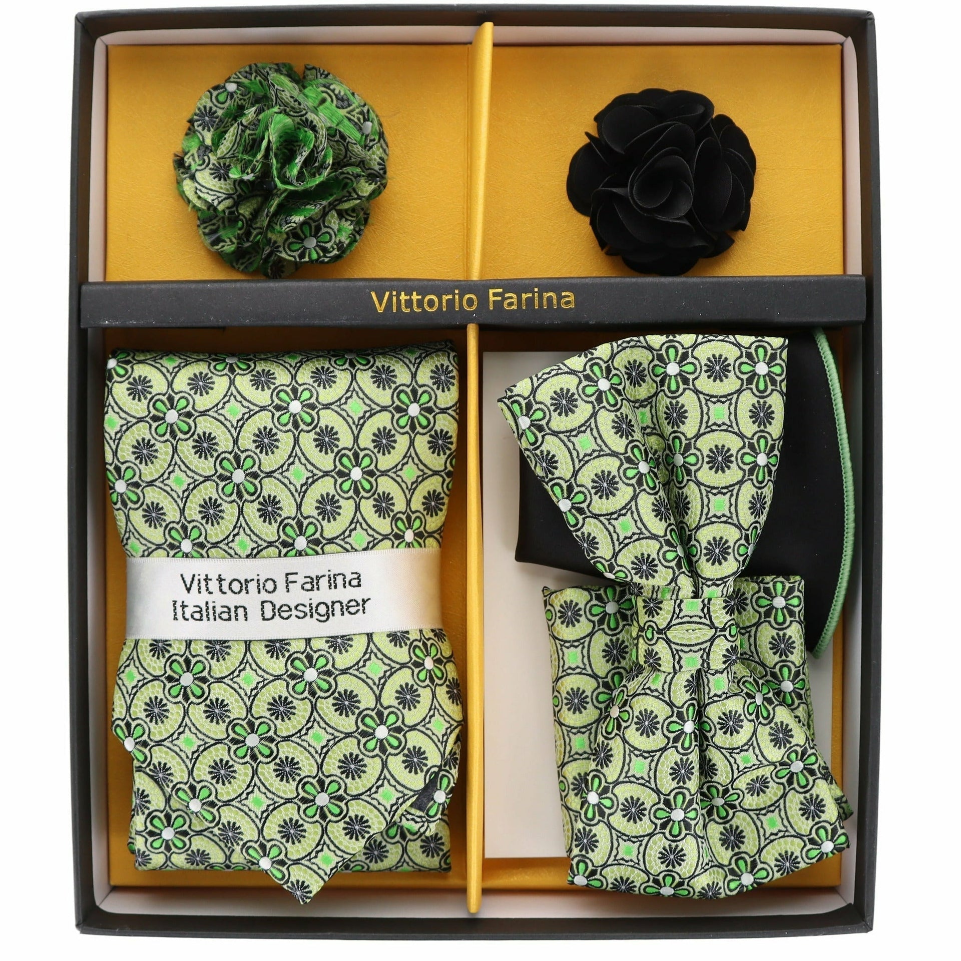 Vittorio Farina Men's Design Necktie, Bow Tie, Pocket Squares and Flower Lapel Pin in a Gift Box - GB-116 - Necktie, Bow Tie, Pocket Squares and Flower Lapel Pin - Vittorio Farina