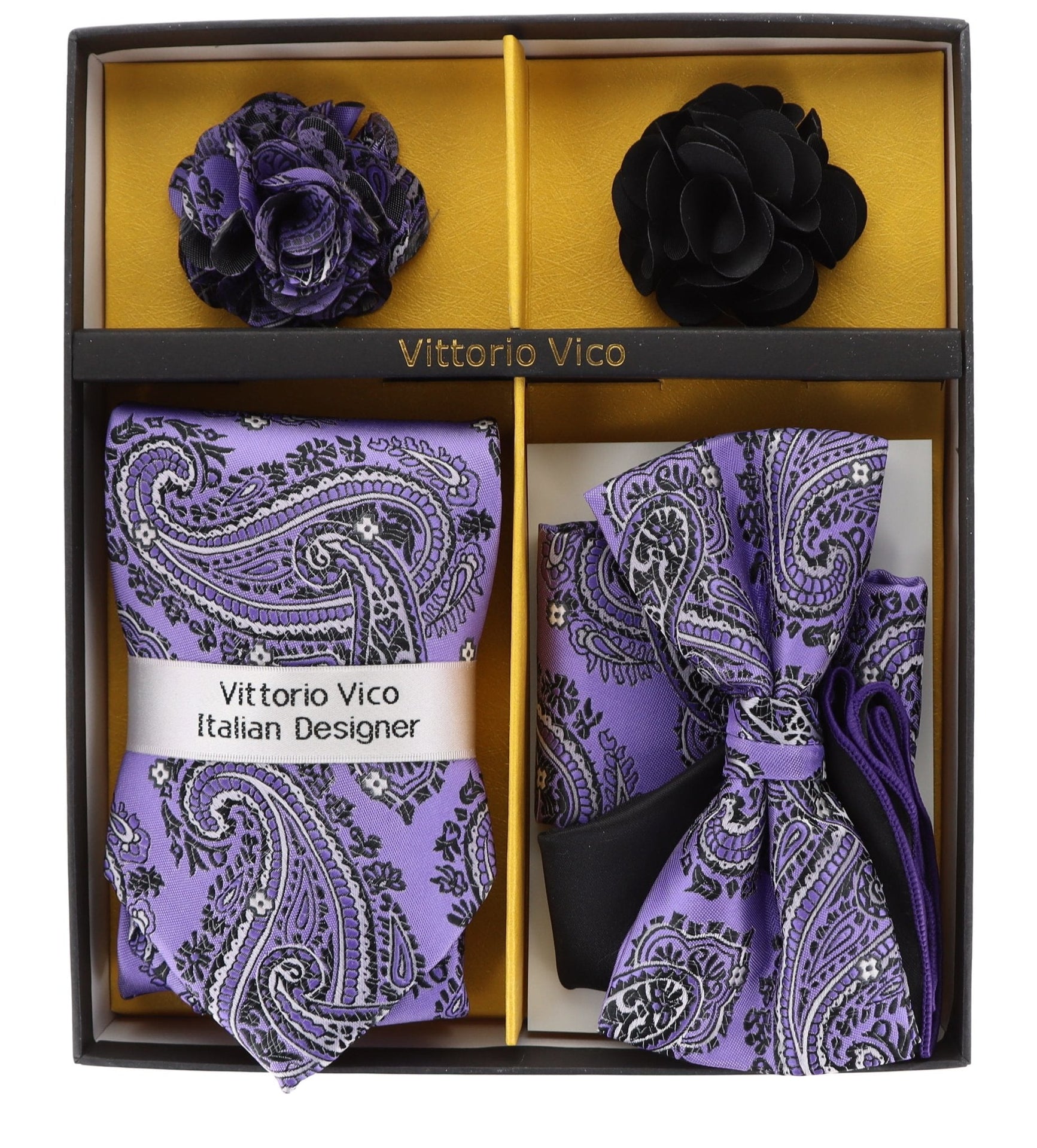 Vittorio Farina Men's Design Necktie, Bow Tie, Pocket Squares and Flower Lapel Pin in a Gift Box - GB-116 - Necktie, Bow Tie, Pocket Squares and Flower Lapel Pin - Vittorio Farina