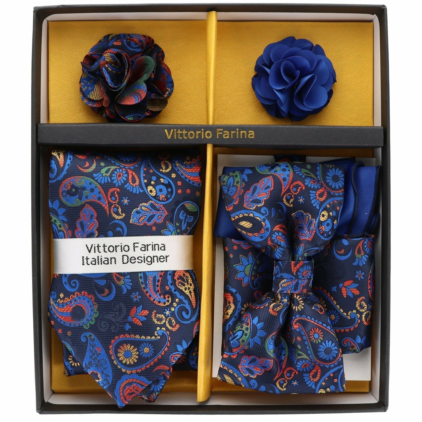 Vittorio Farina Men's Design Necktie, Bow Tie, Pocket Squares and Flower Lapel Pin in a Gift Box - GB-116 - Necktie, Bow Tie, Pocket Squares and Flower Lapel Pin - Vittorio Farina