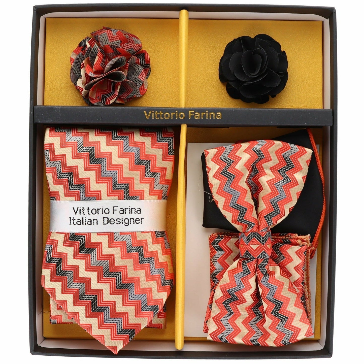 Vittorio Farina Men's Design Necktie, Bow Tie, Pocket Squares and Flower Lapel Pin in a Gift Box - GB-116 - Necktie, Bow Tie, Pocket Squares and Flower Lapel Pin - Vittorio Farina