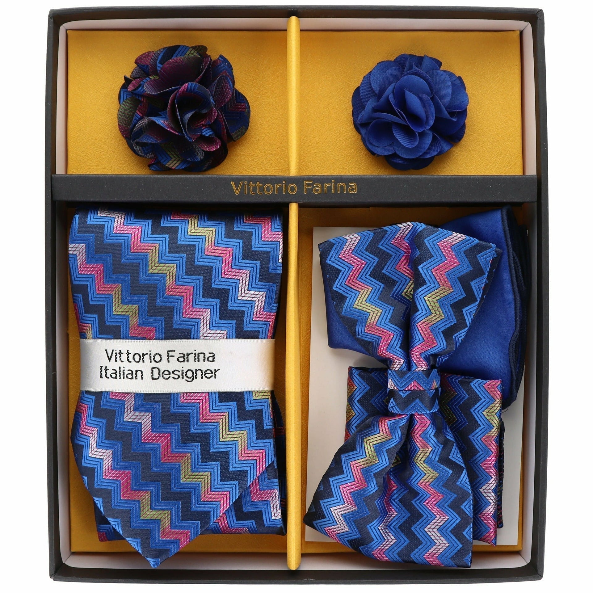 Vittorio Farina Men's Design Necktie, Bow Tie, Pocket Squares and Flower Lapel Pin in a Gift Box - GB-116 - Necktie, Bow Tie, Pocket Squares and Flower Lapel Pin - Vittorio Farina