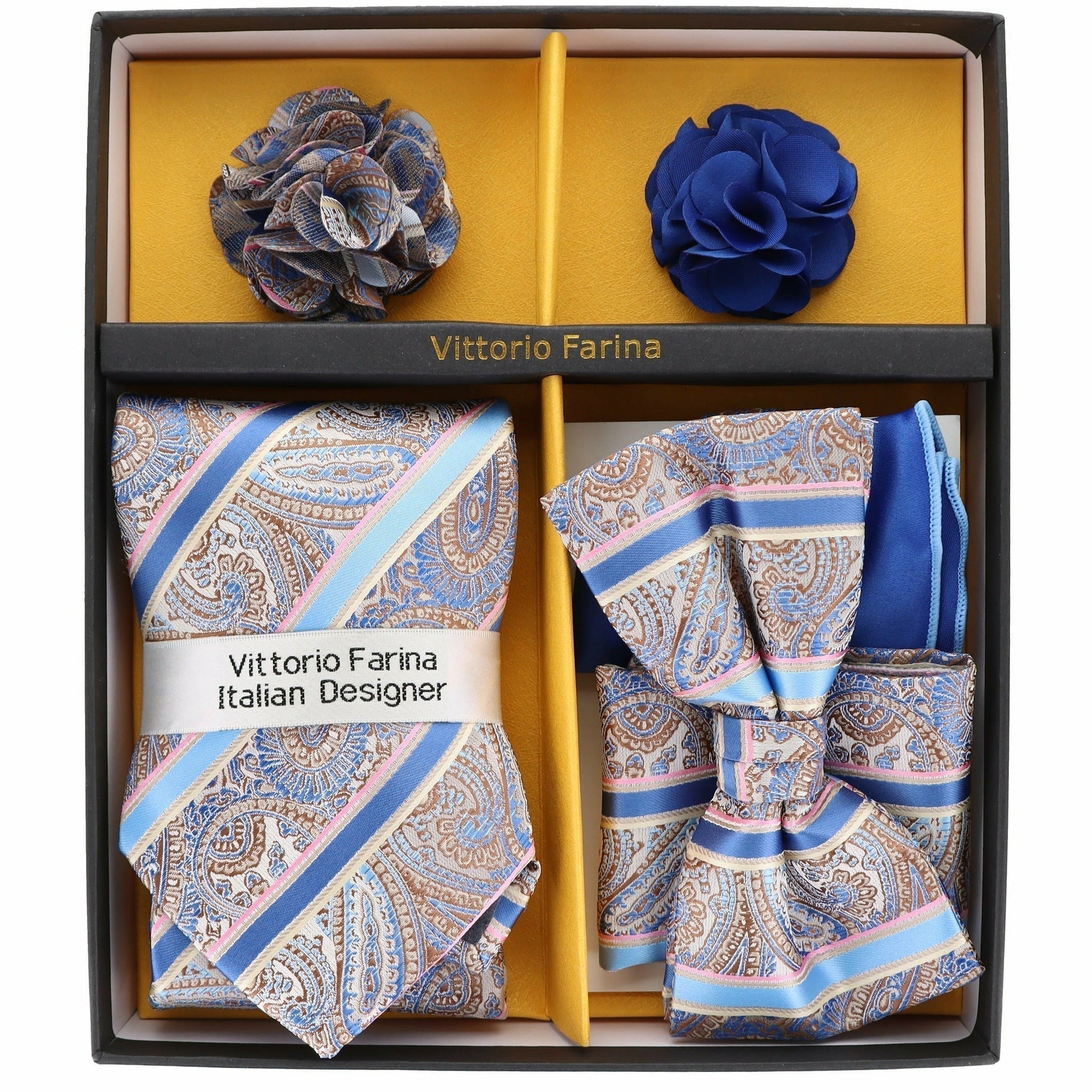 Vittorio Farina Men's Design Necktie, Bow Tie, Pocket Squares and Flower Lapel Pin in a Gift Box - GB-116 - Necktie, Bow Tie, Pocket Squares and Flower Lapel Pin - Vittorio Farina