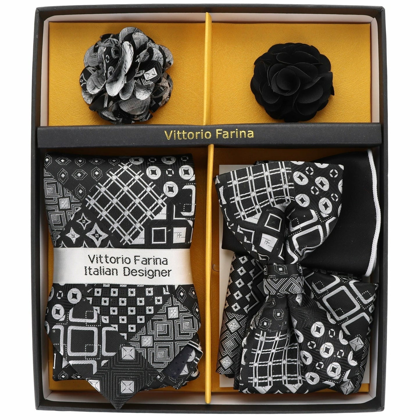 Vittorio Farina Men's Design Necktie, Bow Tie, Pocket Squares and Flower Lapel Pin in a Gift Box - GB-116 - Necktie, Bow Tie, Pocket Squares and Flower Lapel Pin - Vittorio Farina