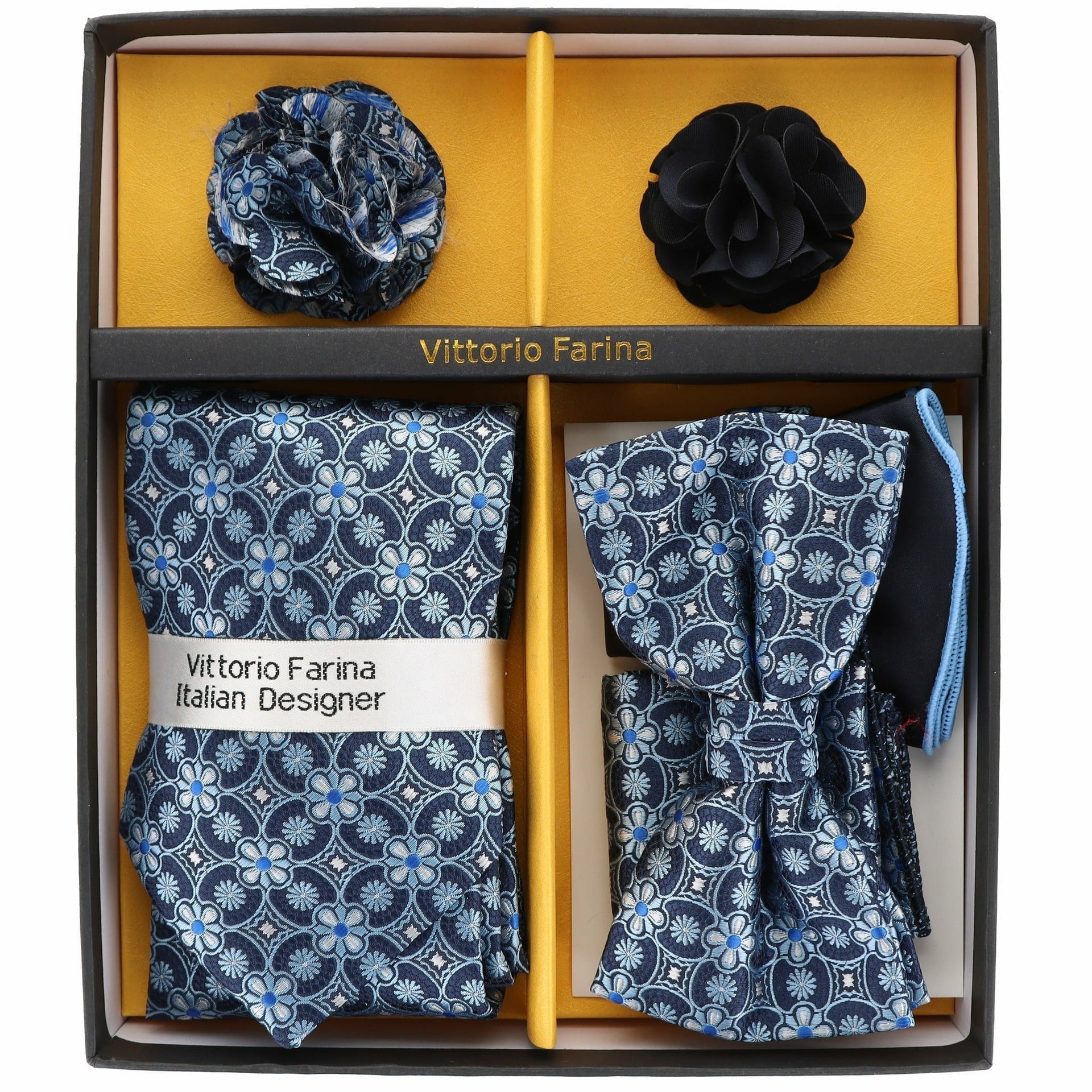 Vittorio Farina Men's Design Necktie, Bow Tie, Pocket Squares and Flower Lapel Pin in a Gift Box - GB-116 - Necktie, Bow Tie, Pocket Squares and Flower Lapel Pin - Vittorio Farina