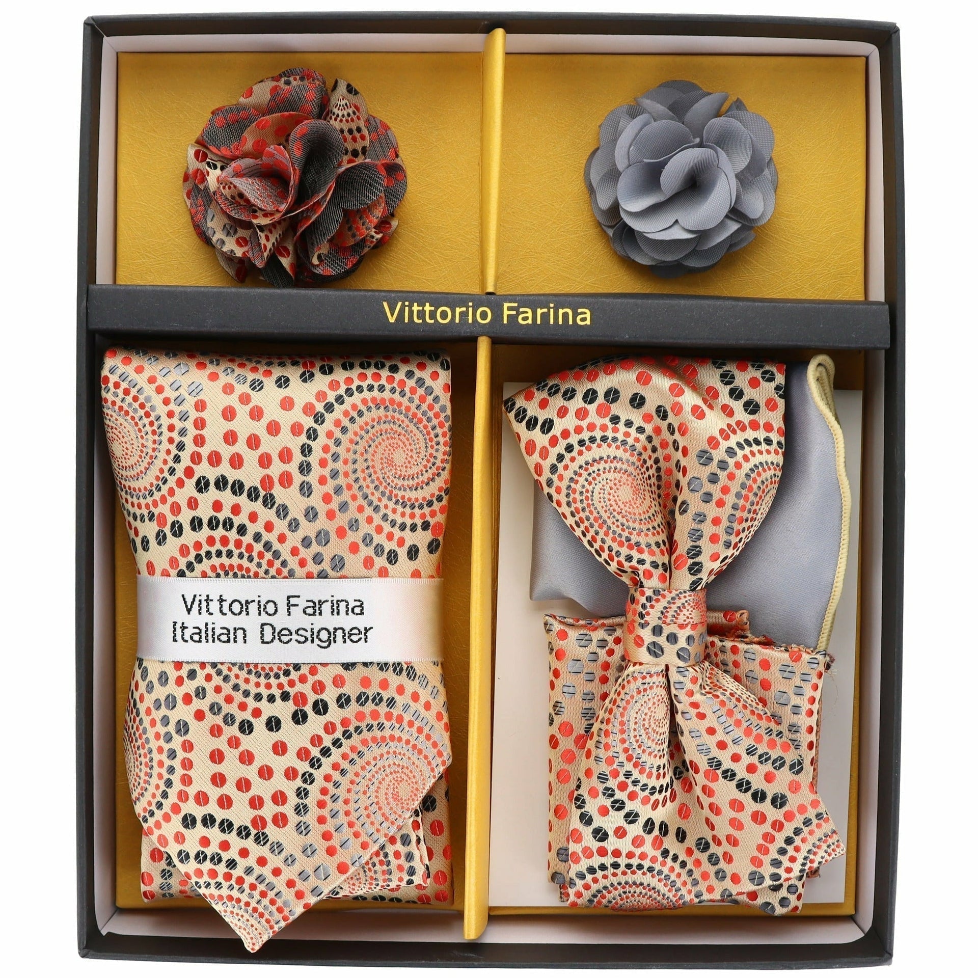Vittorio Farina Men's Design Necktie, Bow Tie, Pocket Squares and Flower Lapel Pin in a Gift Box - GB-116 - Necktie, Bow Tie, Pocket Squares and Flower Lapel Pin - Vittorio Farina
