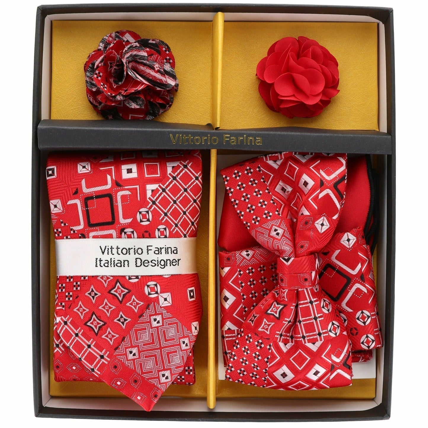 Vittorio Farina Men's Design Necktie, Bow Tie, Pocket Squares and Flower Lapel Pin in a Gift Box - GB-116 - Necktie, Bow Tie, Pocket Squares and Flower Lapel Pin - Vittorio Farina