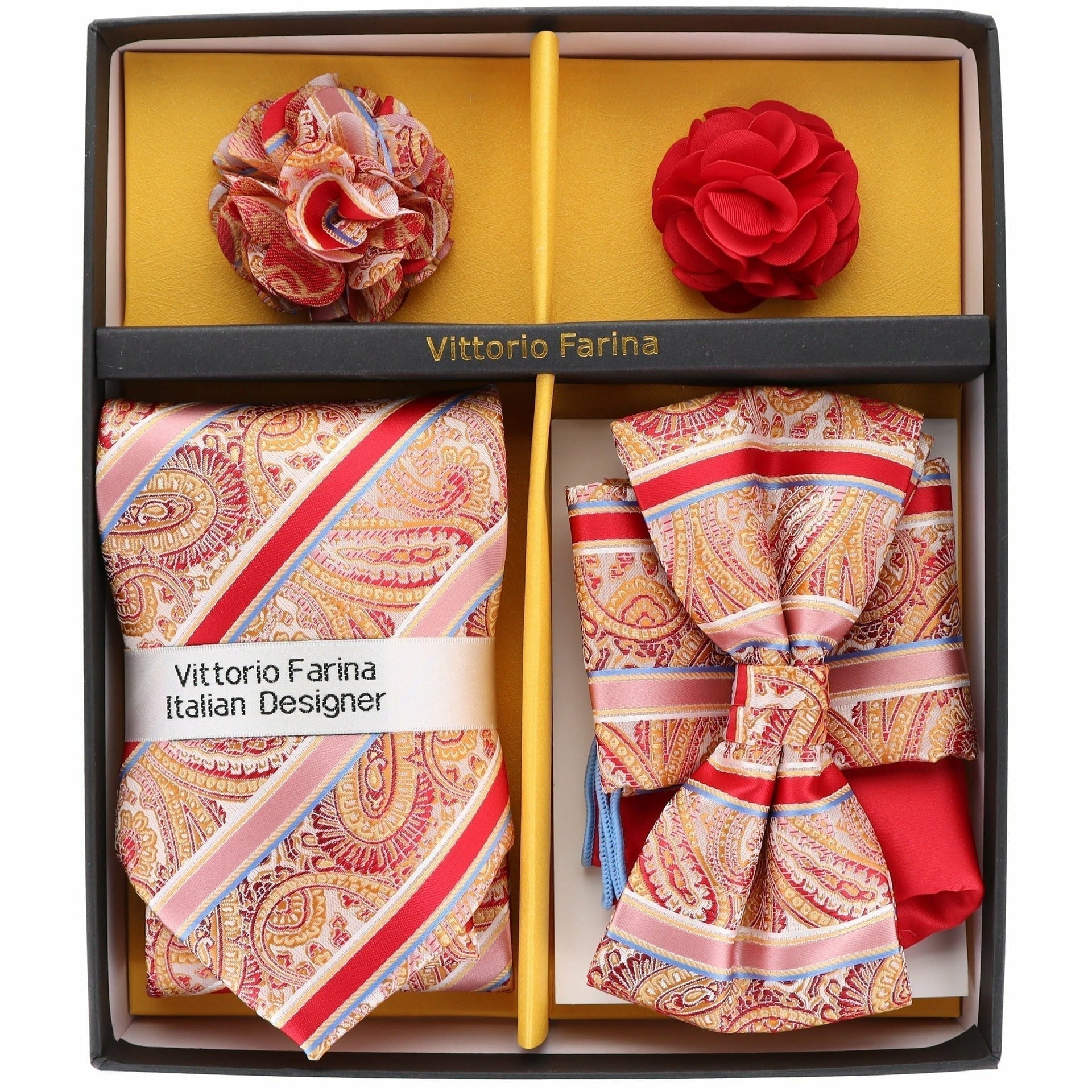 Vittorio Farina Men's Design Necktie, Bow Tie, Pocket Squares and Flower Lapel Pin in a Gift Box - GB-116 - Necktie, Bow Tie, Pocket Squares and Flower Lapel Pin - Vittorio Farina