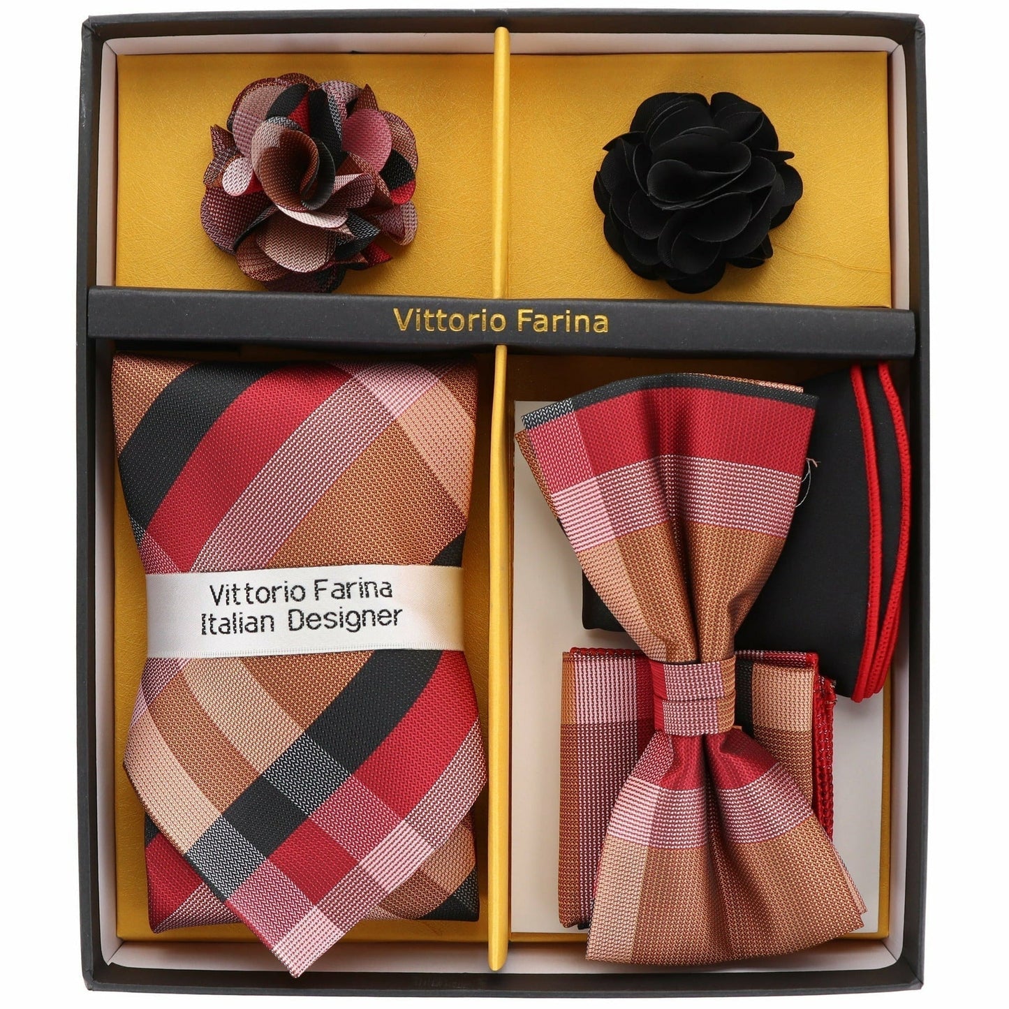 Vittorio Farina Men's Design Necktie, Bow Tie, Pocket Squares and Flower Lapel Pin in a Gift Box - GB-116 - Necktie, Bow Tie, Pocket Squares and Flower Lapel Pin - Vittorio Farina