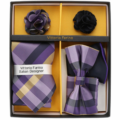 Vittorio Farina Men's Design Necktie, Bow Tie, Pocket Squares and Flower Lapel Pin in a Gift Box - GB-116 - Necktie, Bow Tie, Pocket Squares and Flower Lapel Pin - Vittorio Farina