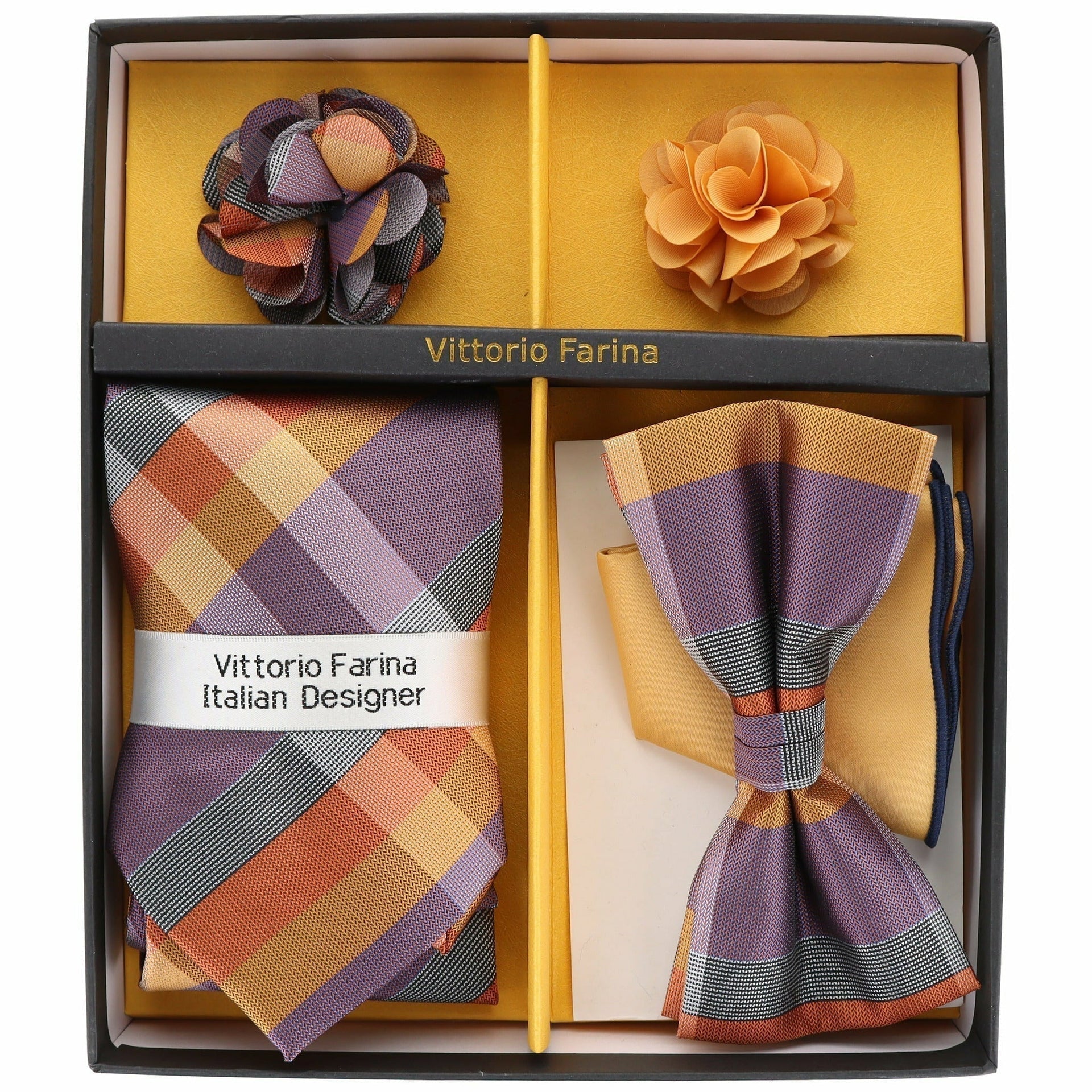 Vittorio Farina Men's Design Necktie, Bow Tie, Pocket Squares and Flower Lapel Pin in a Gift Box - GB-116 - Necktie, Bow Tie, Pocket Squares and Flower Lapel Pin - Vittorio Farina