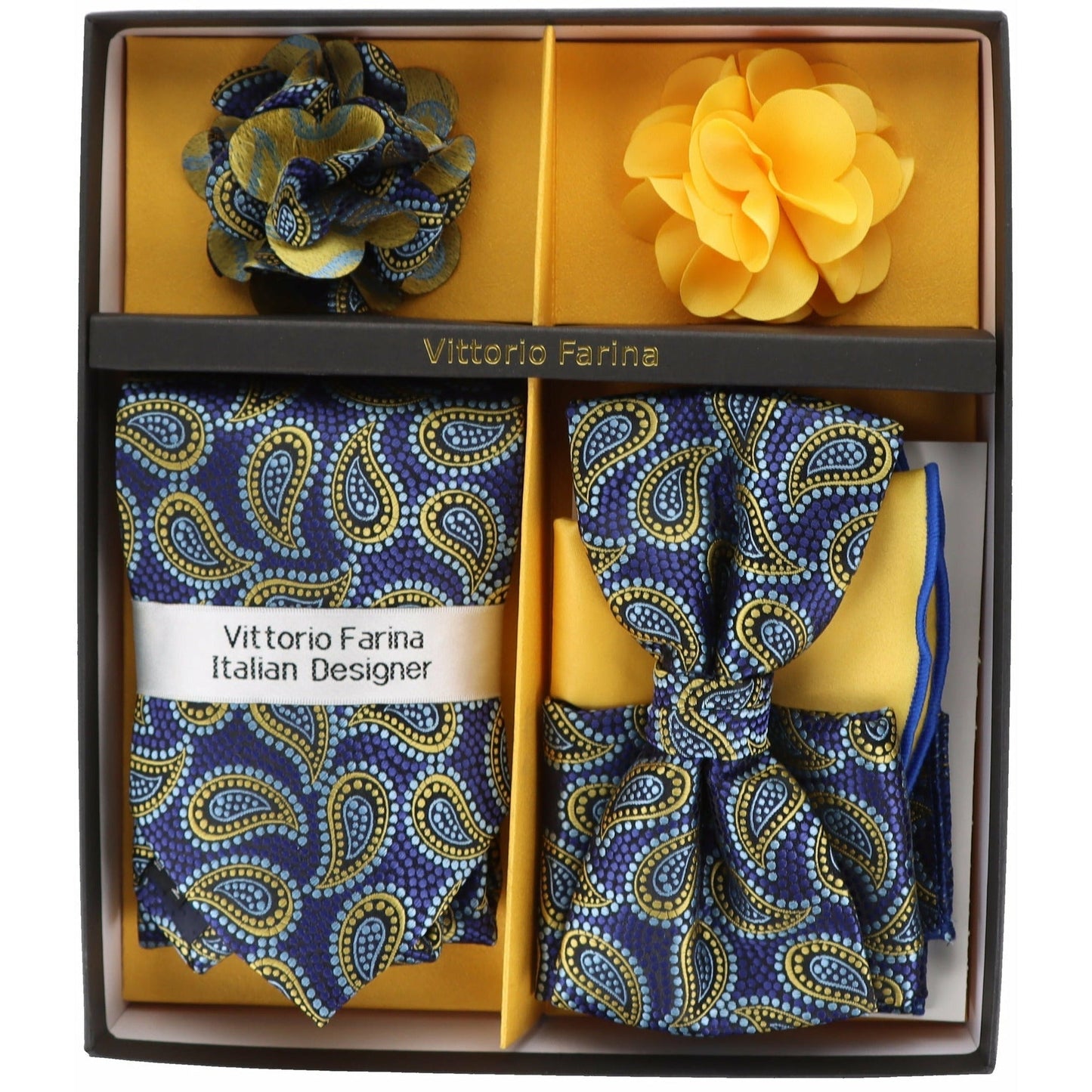 Vittorio Farina Men's Design Necktie, Bow Tie, Pocket Squares and Flower Lapel Pin in a Gift Box - GB-116 - Necktie, Bow Tie, Pocket Squares and Flower Lapel Pin - Vittorio Farina