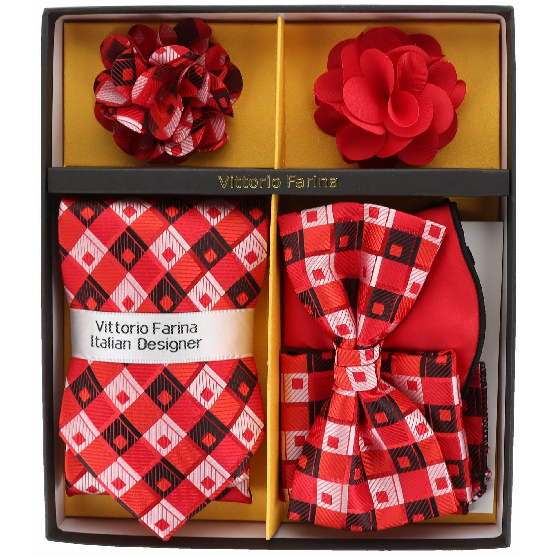 Vittorio Farina Men's Design Necktie, Bow Tie, Pocket Squares and Flower Lapel Pin in a Gift Box - GB-116 - Necktie, Bow Tie, Pocket Squares and Flower Lapel Pin - Vittorio Farina