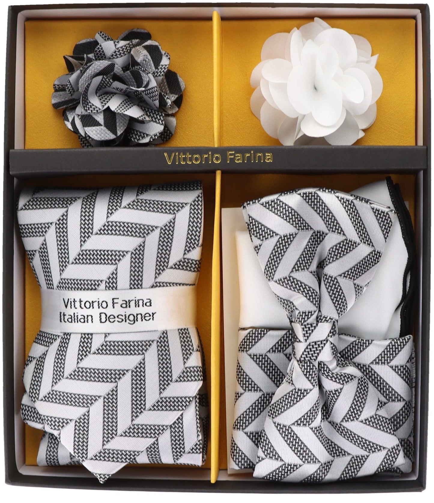 Vittorio Farina Men's Design Necktie, Bow Tie, Pocket Squares and Flower Lapel Pin in a Gift Box - GB-21001 - Necktie, Bow Tie, Pocket Squares and Flower Lapel Pin - Vittorio Farina