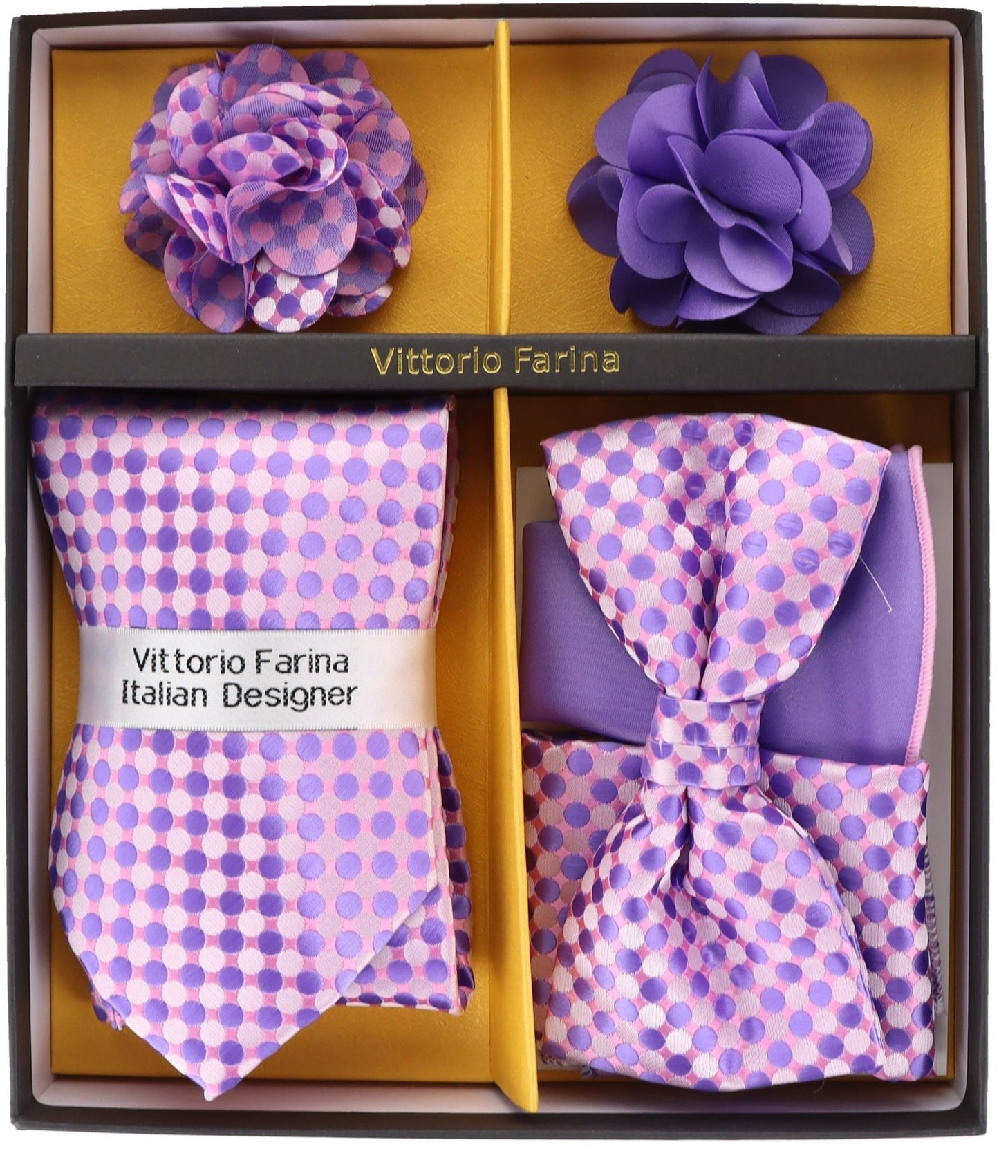 Vittorio Farina Men's Design Necktie, Bow Tie, Pocket Squares and Flower Lapel Pin in a Gift Box - GB-21001 - Necktie, Bow Tie, Pocket Squares and Flower Lapel Pin - Vittorio Farina