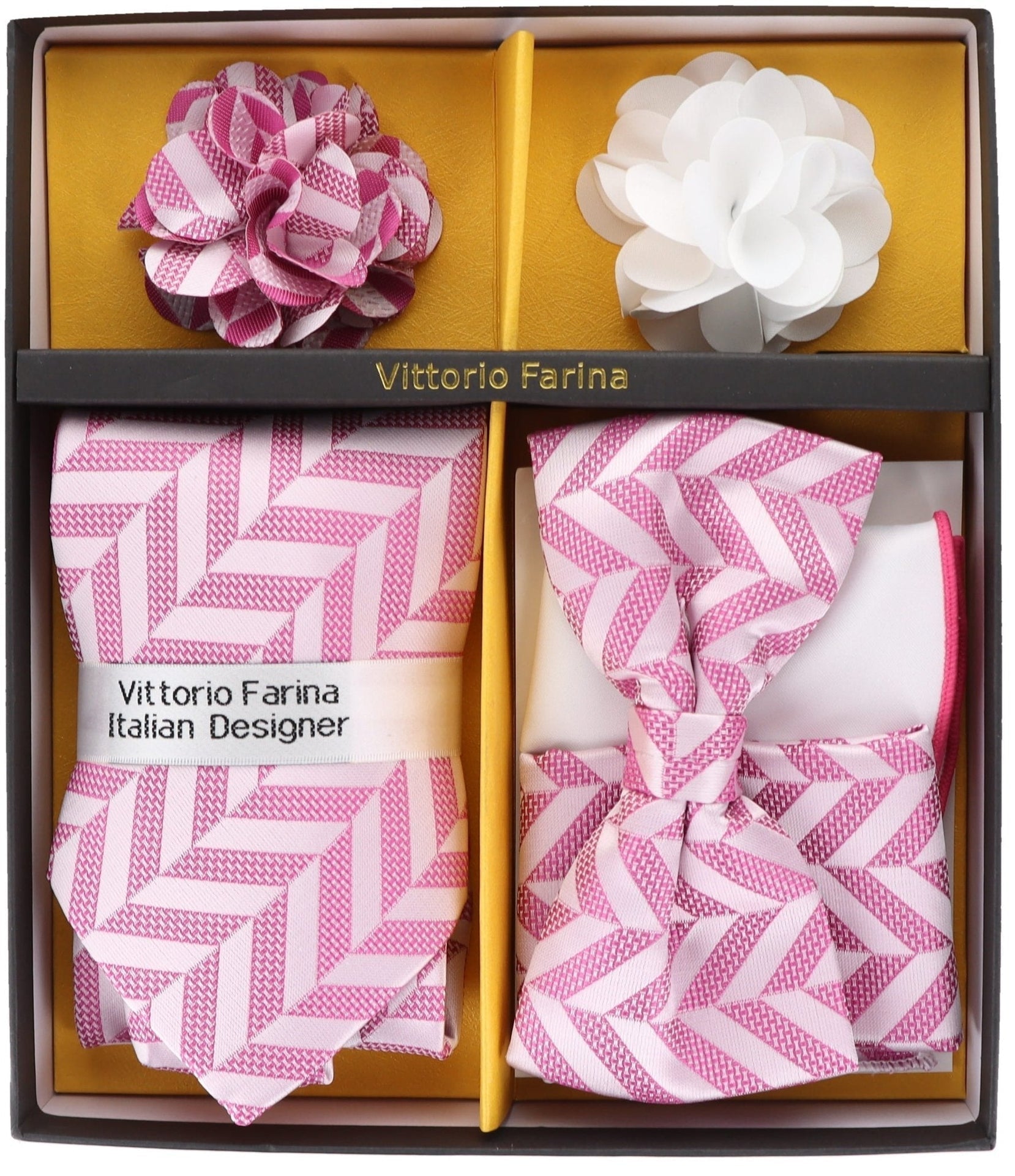Vittorio Farina Men's Design Necktie, Bow Tie, Pocket Squares and Flower Lapel Pin in a Gift Box - GB-21005 - Necktie, Bow Tie, Pocket Squares and Flower Lapel Pin - Vittorio Farina