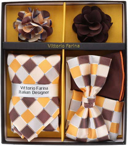 Vittorio Farina Men's Design Necktie, Bow Tie, Pocket Squares and Flower Lapel Pin in a Gift Box - GB-21006 - Necktie, Bow Tie, Pocket Squares and Flower Lapel Pin - Vittorio Farina