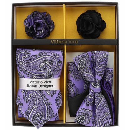 Vittorio Farina Men's Design Necktie, Bow Tie, Pocket Squares and Flower Lapel Pin in a Gift Box - GB-116 - Necktie, Bow Tie, Pocket Squares and Flower Lapel Pin - Vittorio Farina