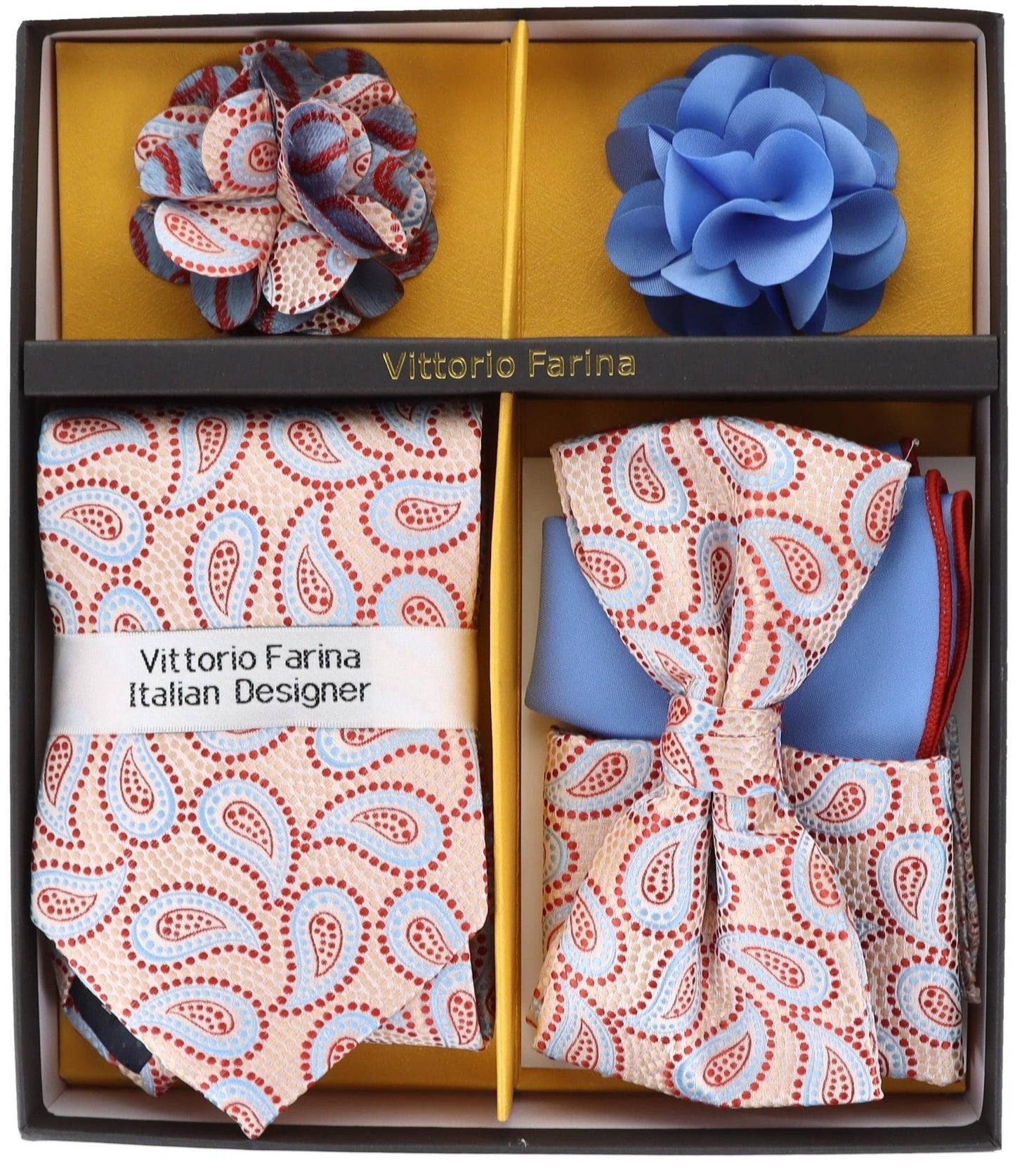Vittorio Farina Men's Design Necktie, Bow Tie, Pocket Squares and Flower Lapel Pin in a Gift Box - GB-21014 - Necktie, Bow Tie, Pocket Squares and Flower Lapel Pin - Vittorio Farina