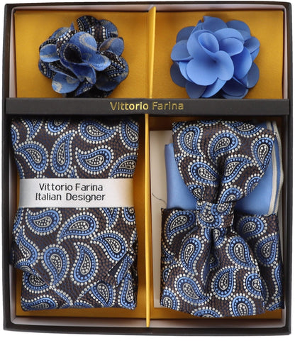 Vittorio Farina Men's Design Necktie, Bow Tie, Pocket Squares and Flower Lapel Pin in a Gift Box - GB-21015 - Necktie, Bow Tie, Pocket Squares and Flower Lapel Pin - Vittorio Farina