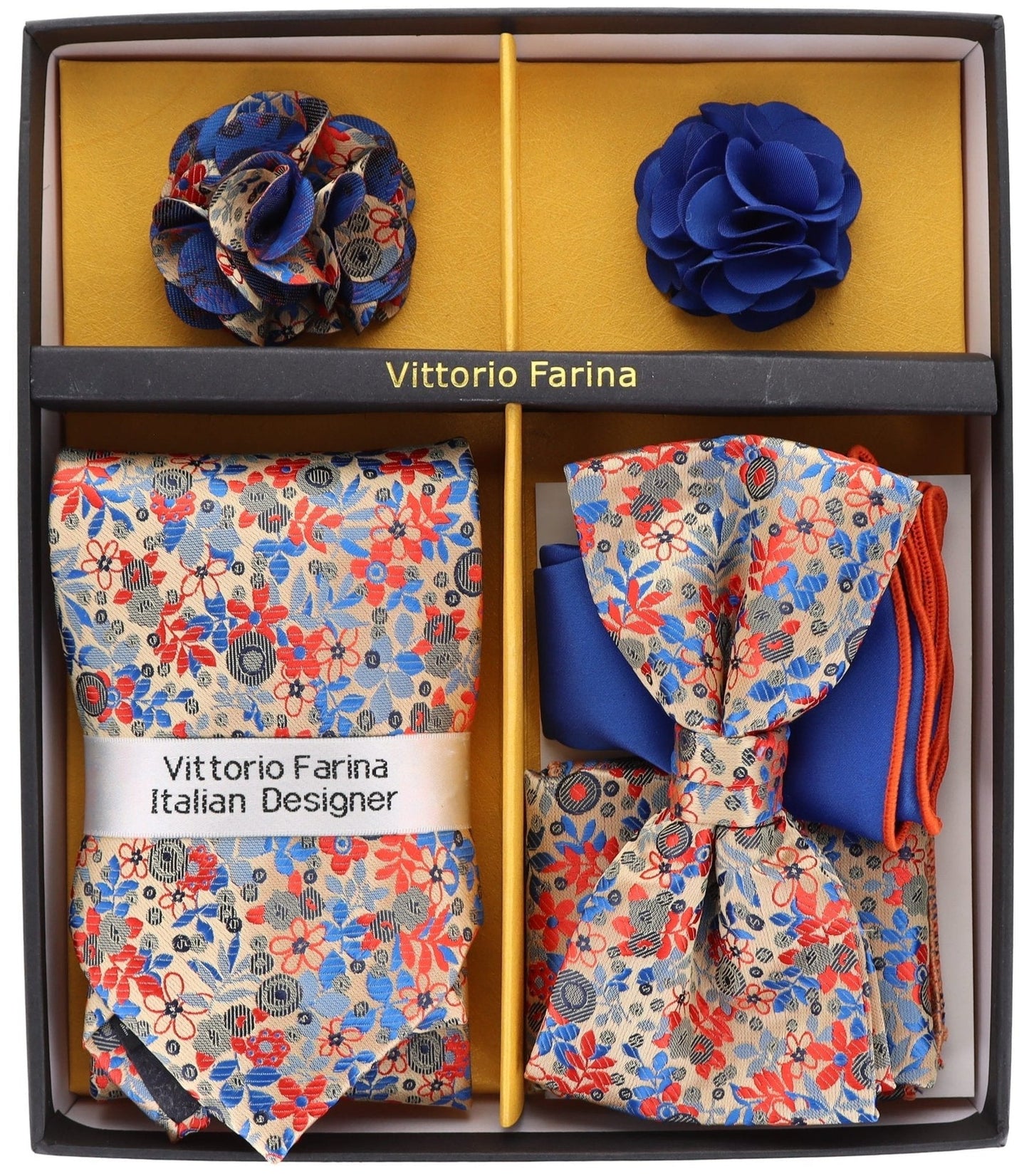 Vittorio Farina Men's Design Necktie, Bow Tie, Pocket Squares and Flower Lapel Pin in a Gift Box - GB-21016 - Necktie, Bow Tie, Pocket Squares and Flower Lapel Pin - Vittorio Farina