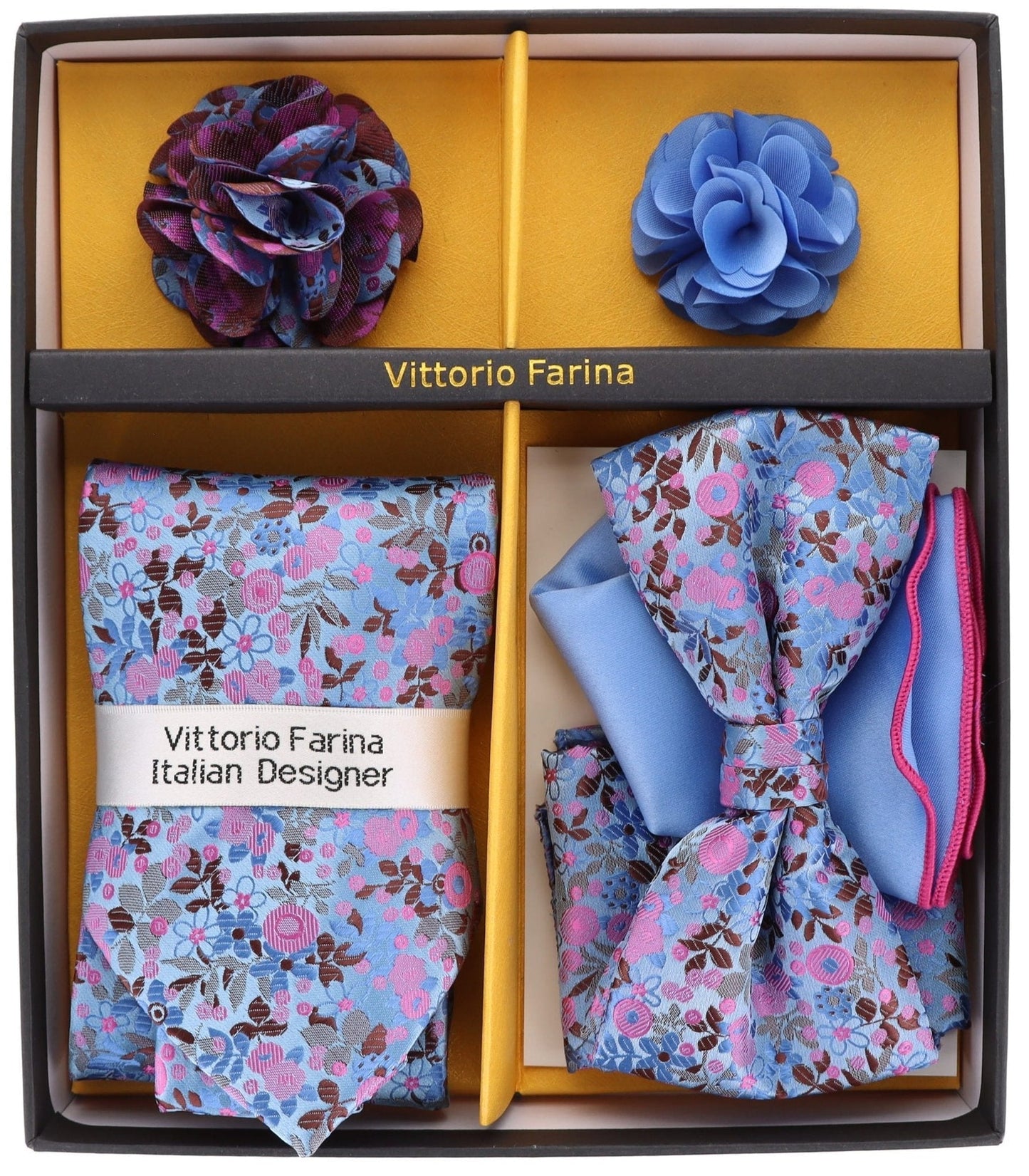 Vittorio Farina Men's Design Necktie, Bow Tie, Pocket Squares and Flower Lapel Pin in a Gift Box - GB-21017 - Necktie, Bow Tie, Pocket Squares and Flower Lapel Pin - Vittorio Farina