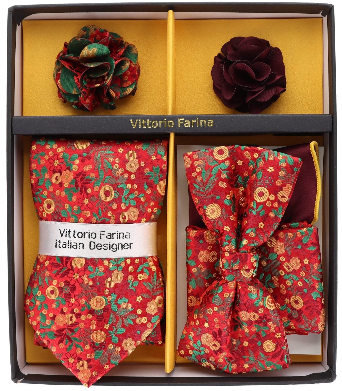 Vittorio Farina Men's Design Necktie, Bow Tie, Pocket Squares and Flower Lapel Pin in a Gift Box - GB-21018 - Necktie, Bow Tie, Pocket Squares and Flower Lapel Pin - Vittorio Farina