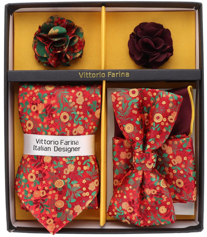 Vittorio Farina Men's Design Necktie, Bow Tie, Pocket Squares and Flower Lapel Pin in a Gift Box - GB-21018 - Necktie, Bow Tie, Pocket Squares and Flower Lapel Pin - Vittorio Farina