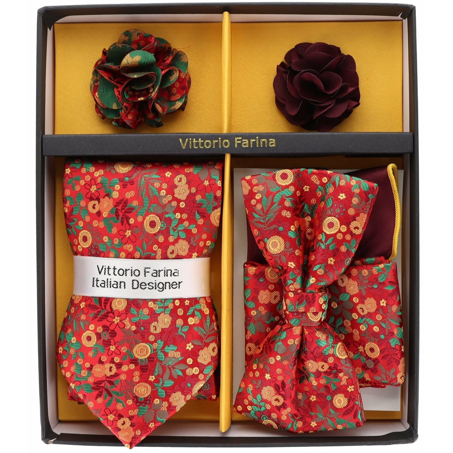 Vittorio Farina Men's Design Necktie, Bow Tie, Pocket Squares and Flower Lapel Pin in a Gift Box - GB-21018 - Necktie, Bow Tie, Pocket Squares and Flower Lapel Pin - Vittorio Farina
