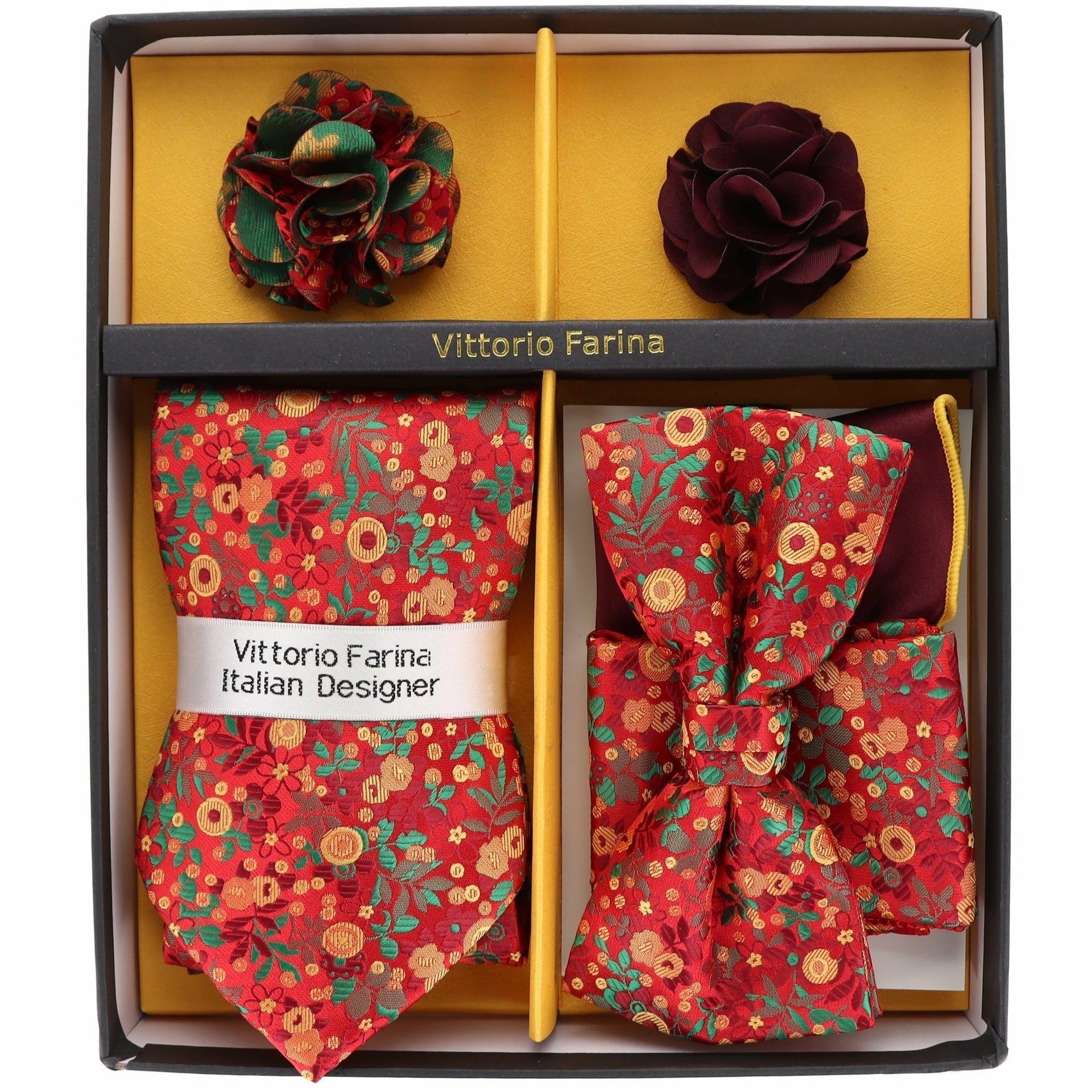 Vittorio Farina Men's Design Necktie, Bow Tie, Pocket Squares and Flower Lapel Pin in a Gift Box - GB-21018 - Necktie, Bow Tie, Pocket Squares and Flower Lapel Pin - Vittorio Farina