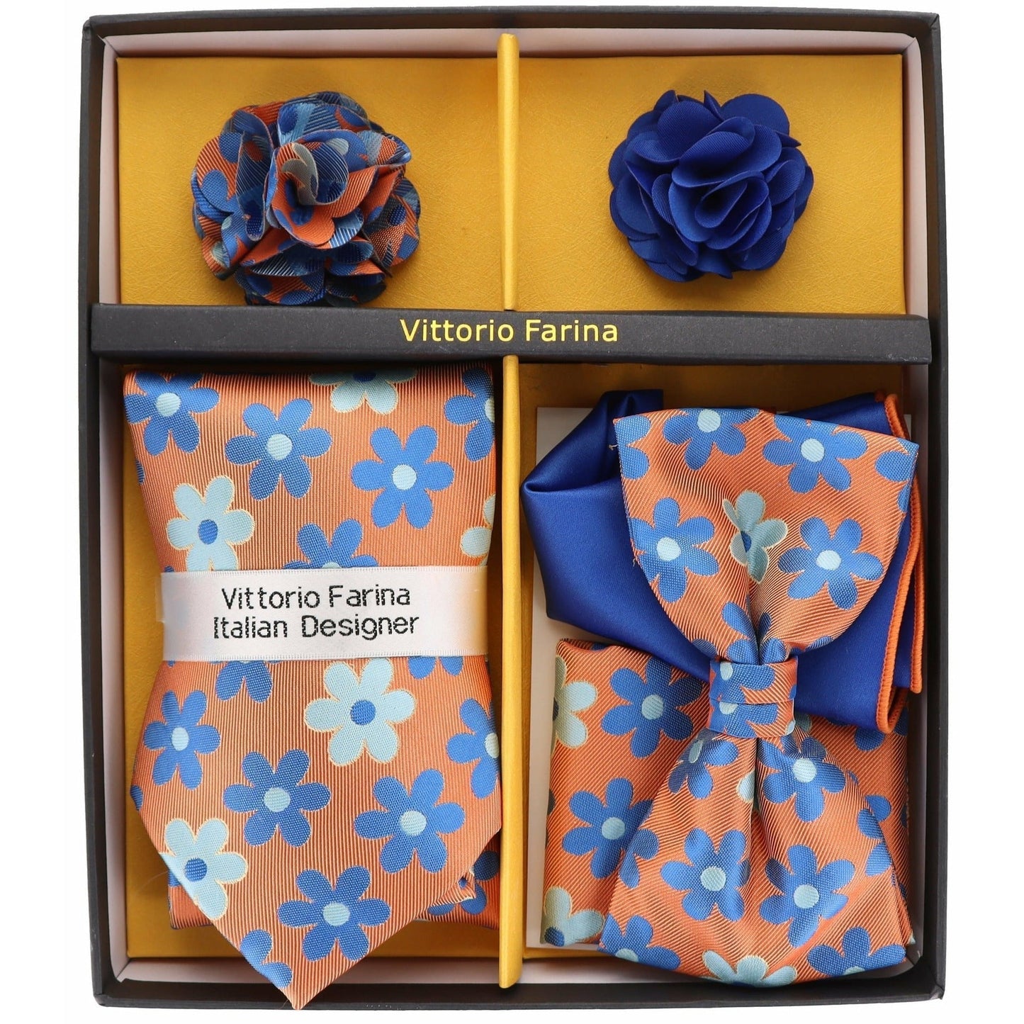 Vittorio Farina Men's Design Necktie, Bow Tie, Pocket Squares and Flower Lapel Pin in a Gift Box - GB-21019 - Necktie, Bow Tie, Pocket Squares and Flower Lapel Pin - Vittorio Farina