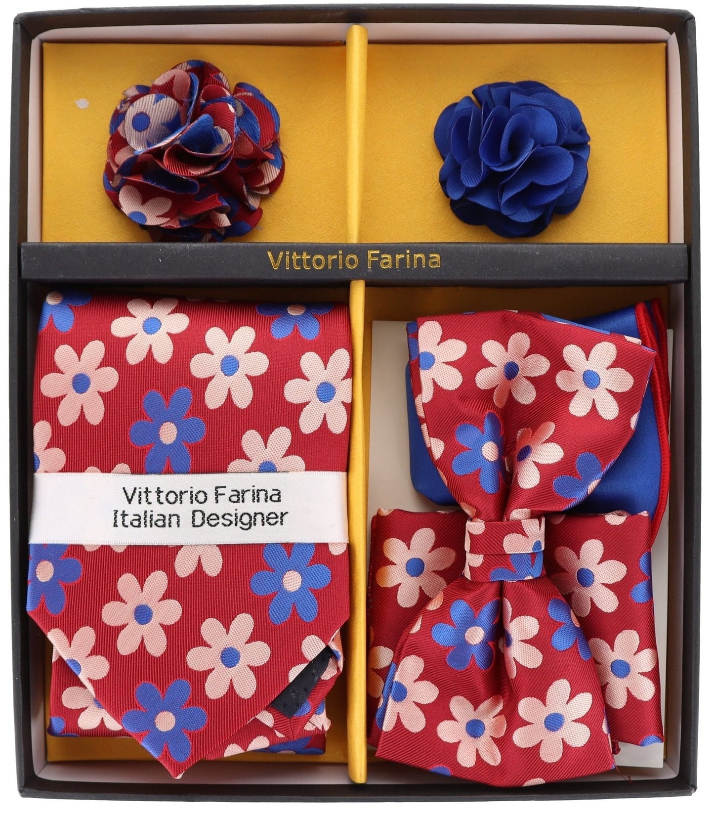 Vittorio Farina Men's Design Necktie, Bow Tie, Pocket Squares and Flower Lapel Pin in a Gift Box - GB-21020 - Necktie, Bow Tie, Pocket Squares and Flower Lapel Pin - Vittorio Farina