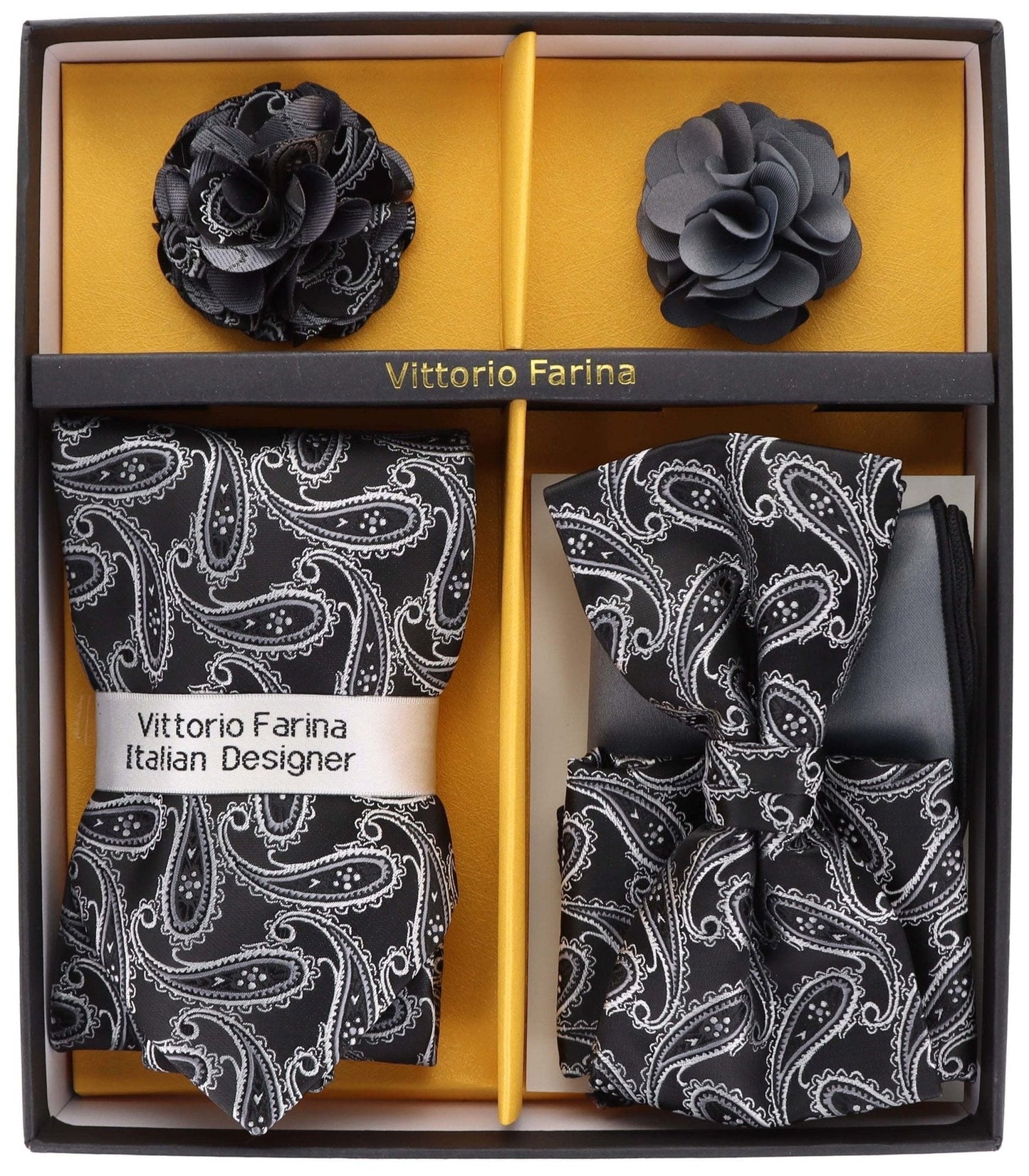 Vittorio Farina Men's Design Necktie, Bow Tie, Pocket Squares and Flower Lapel Pin in a Gift Box - GB-21021 - Necktie, Bow Tie, Pocket Squares and Flower Lapel Pin - Vittorio Farina