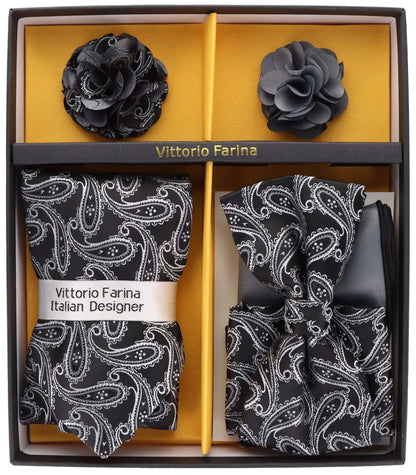 Vittorio Farina Men's Design Necktie, Bow Tie, Pocket Squares and Flower Lapel Pin in a Gift Box - GB-21021 - Necktie, Bow Tie, Pocket Squares and Flower Lapel Pin - Vittorio Farina