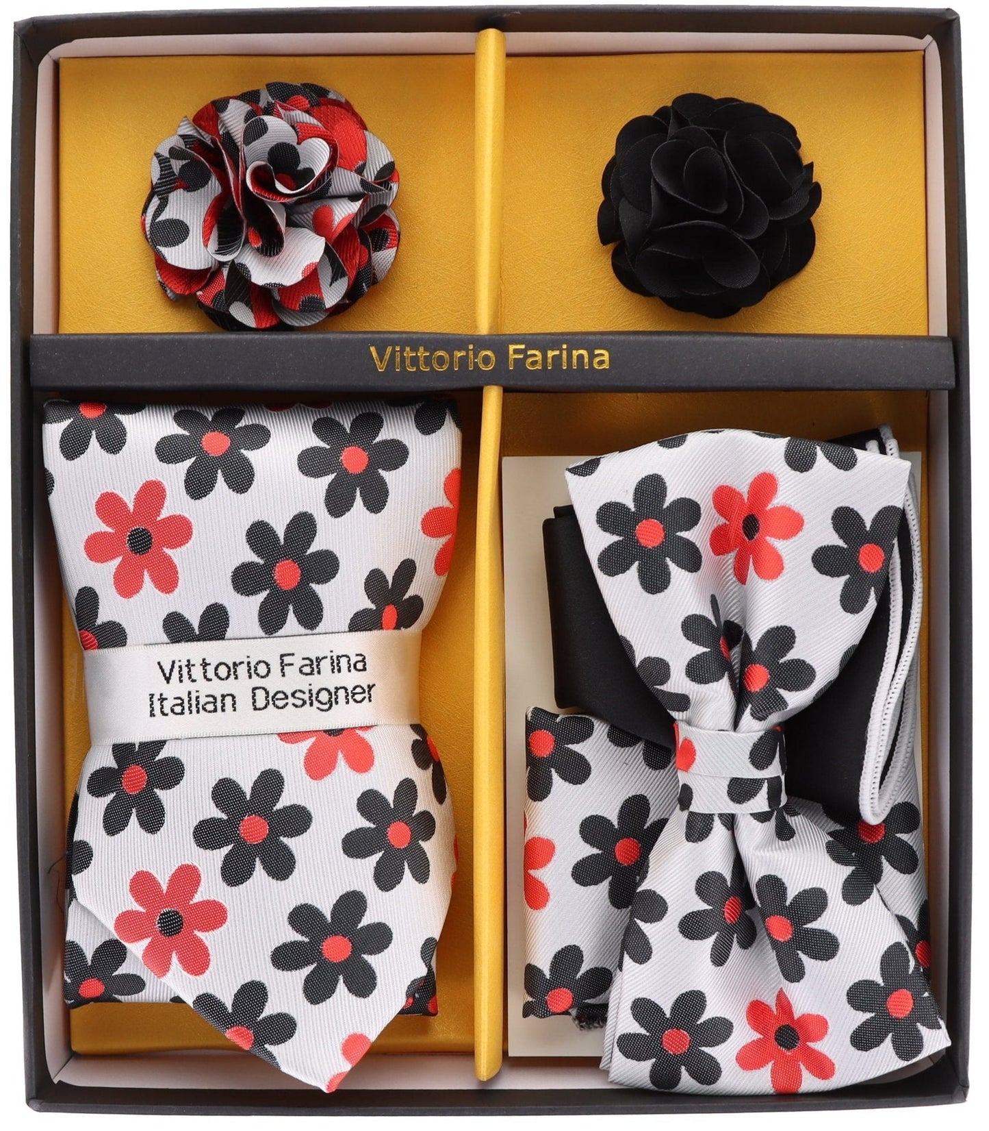 Vittorio Farina Men's Design Necktie, Bow Tie, Pocket Squares and Flower Lapel Pin in a Gift Box - GB-21021 - Necktie, Bow Tie, Pocket Squares and Flower Lapel Pin - Vittorio Farina