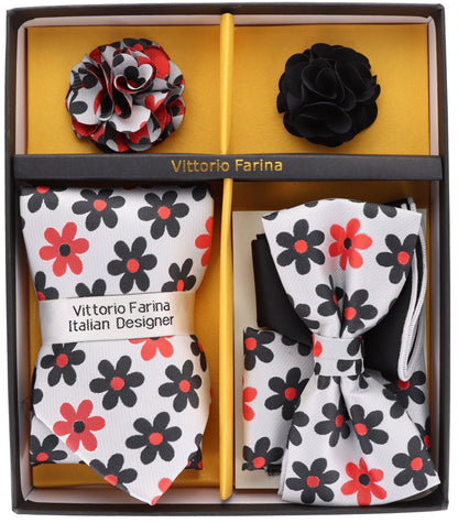 Vittorio Farina Men's Design Necktie, Bow Tie, Pocket Squares and Flower Lapel Pin in a Gift Box - GB-21021 - Necktie, Bow Tie, Pocket Squares and Flower Lapel Pin - Vittorio Farina
