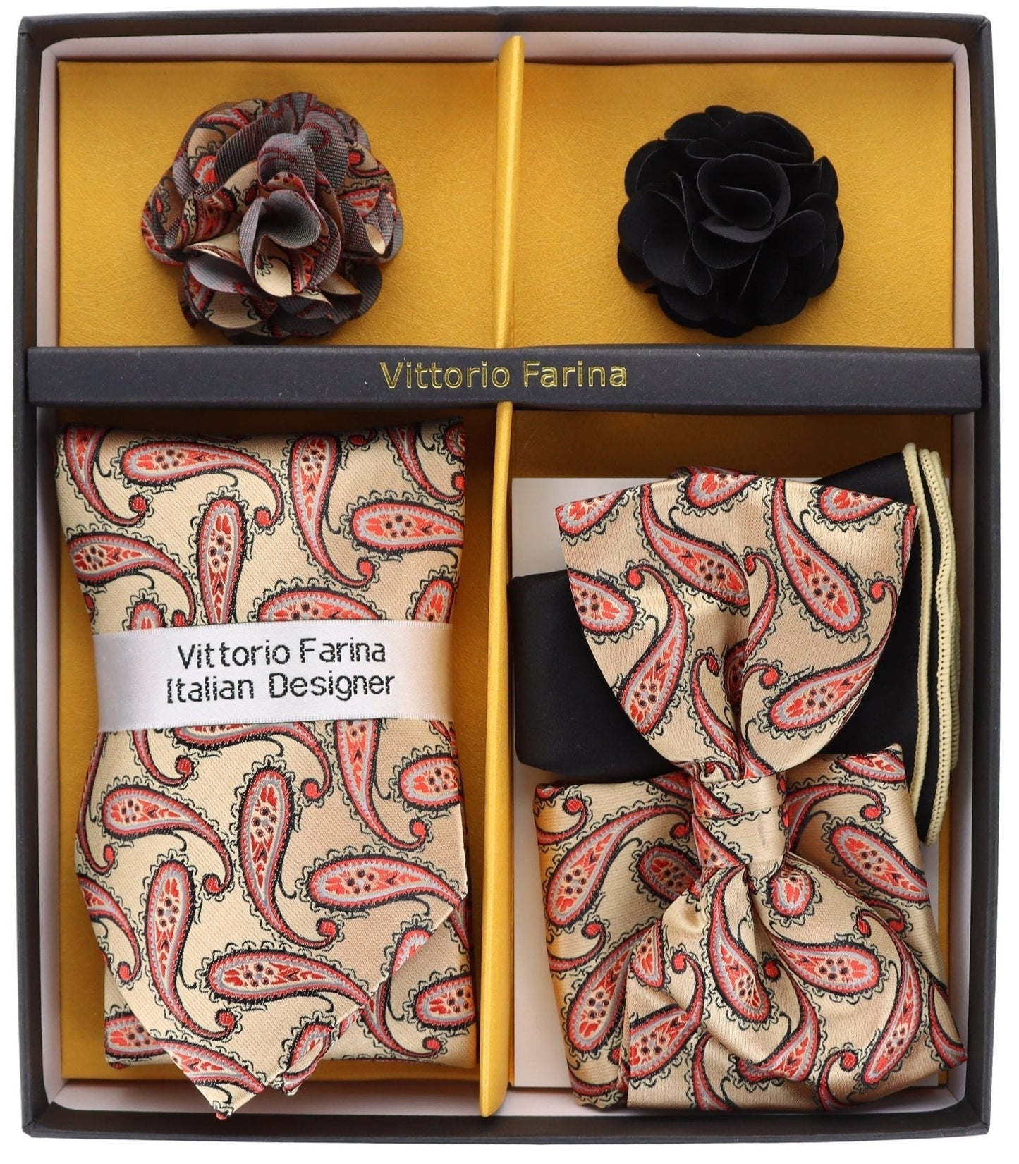 Vittorio Farina Men's Design Necktie, Bow Tie, Pocket Squares and Flower Lapel Pin in a Gift Box - GB-21023 - Necktie, Bow Tie, Pocket Squares and Flower Lapel Pin - Vittorio Farina